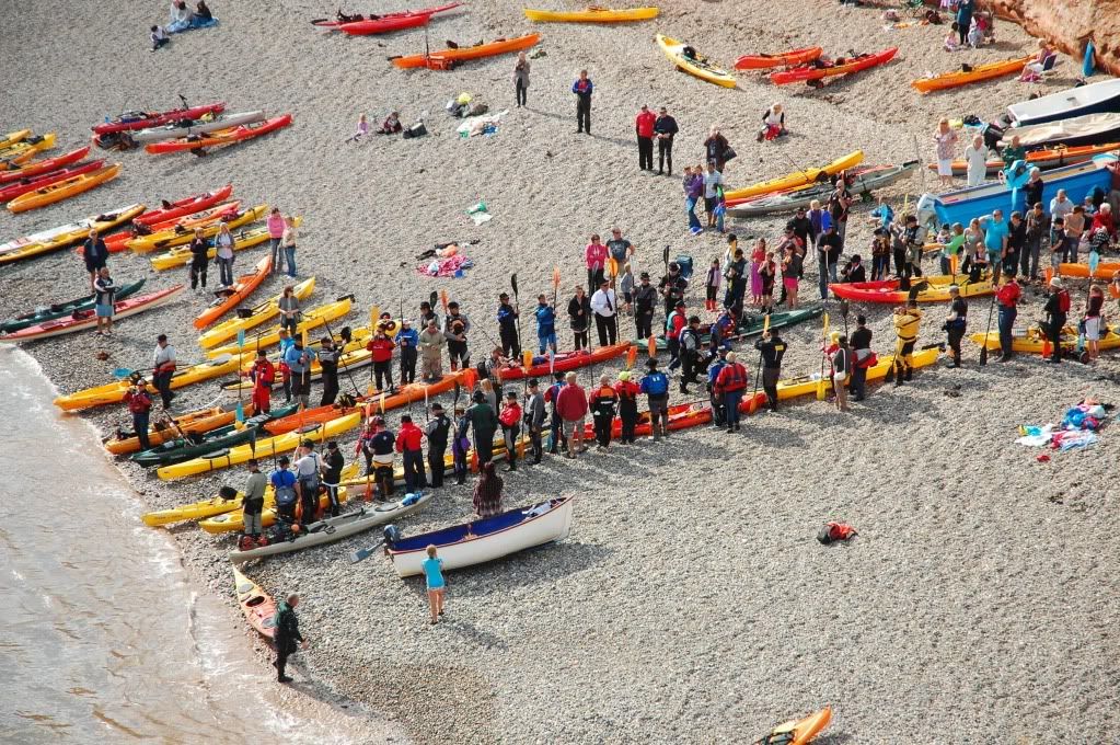An Armada of kayaks at Ladram Bay