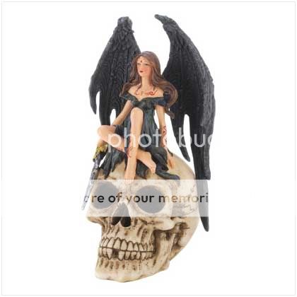 Gothic Angel Fairy Sitting on Skull Figurine Statue  