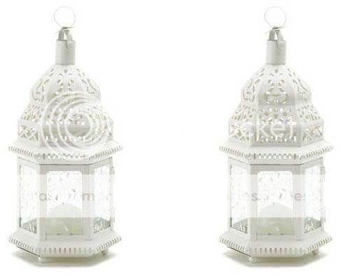   White Moroccan Metal Candle Lantern Pair Wedding Centerpiece  