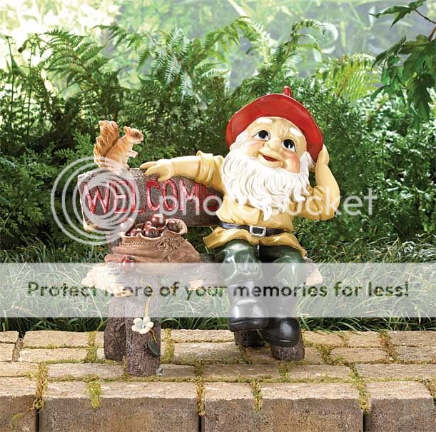 Garden Gnome on Bench Welcome Sign Yard Statue Outdoor  