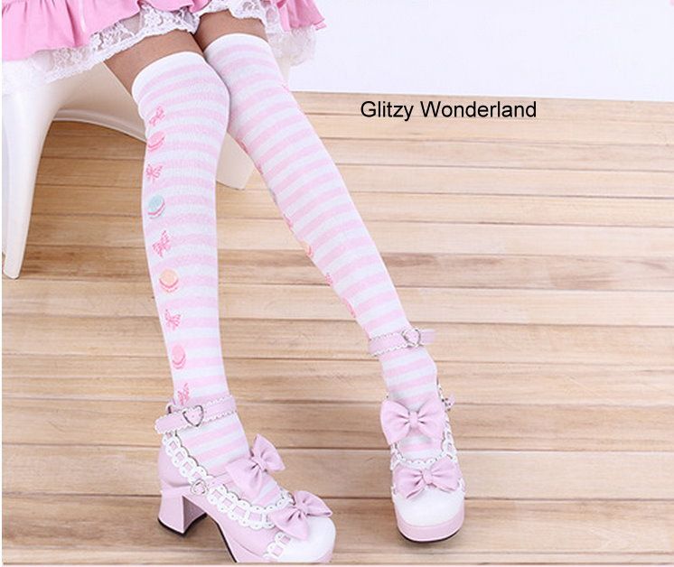 Striped Macaron lolita over knee socks Otks