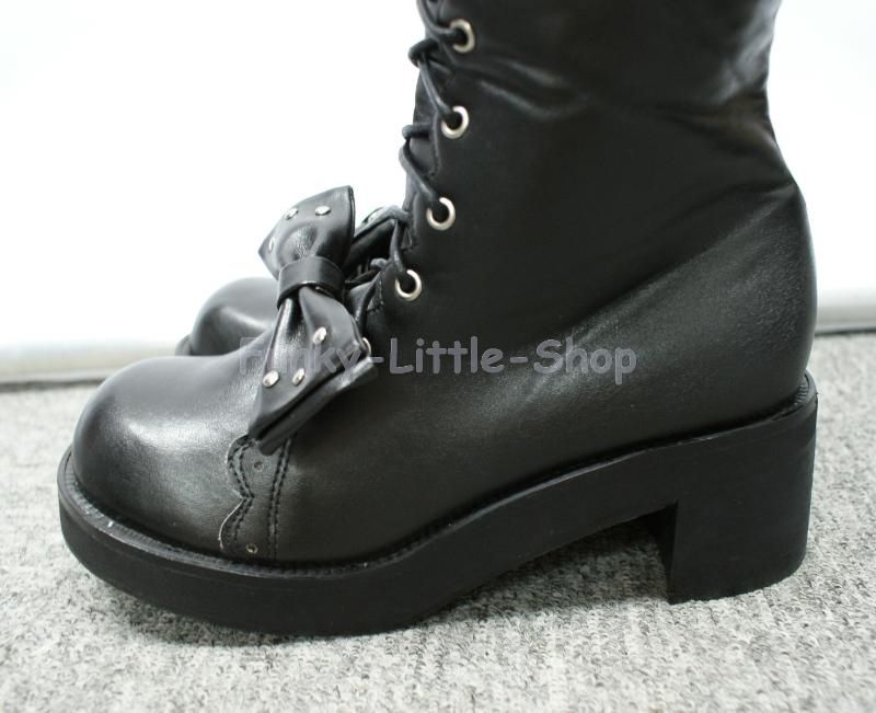 Black bows lace up boots shoes gothic lolita punk rock emo cosplay 2 ...