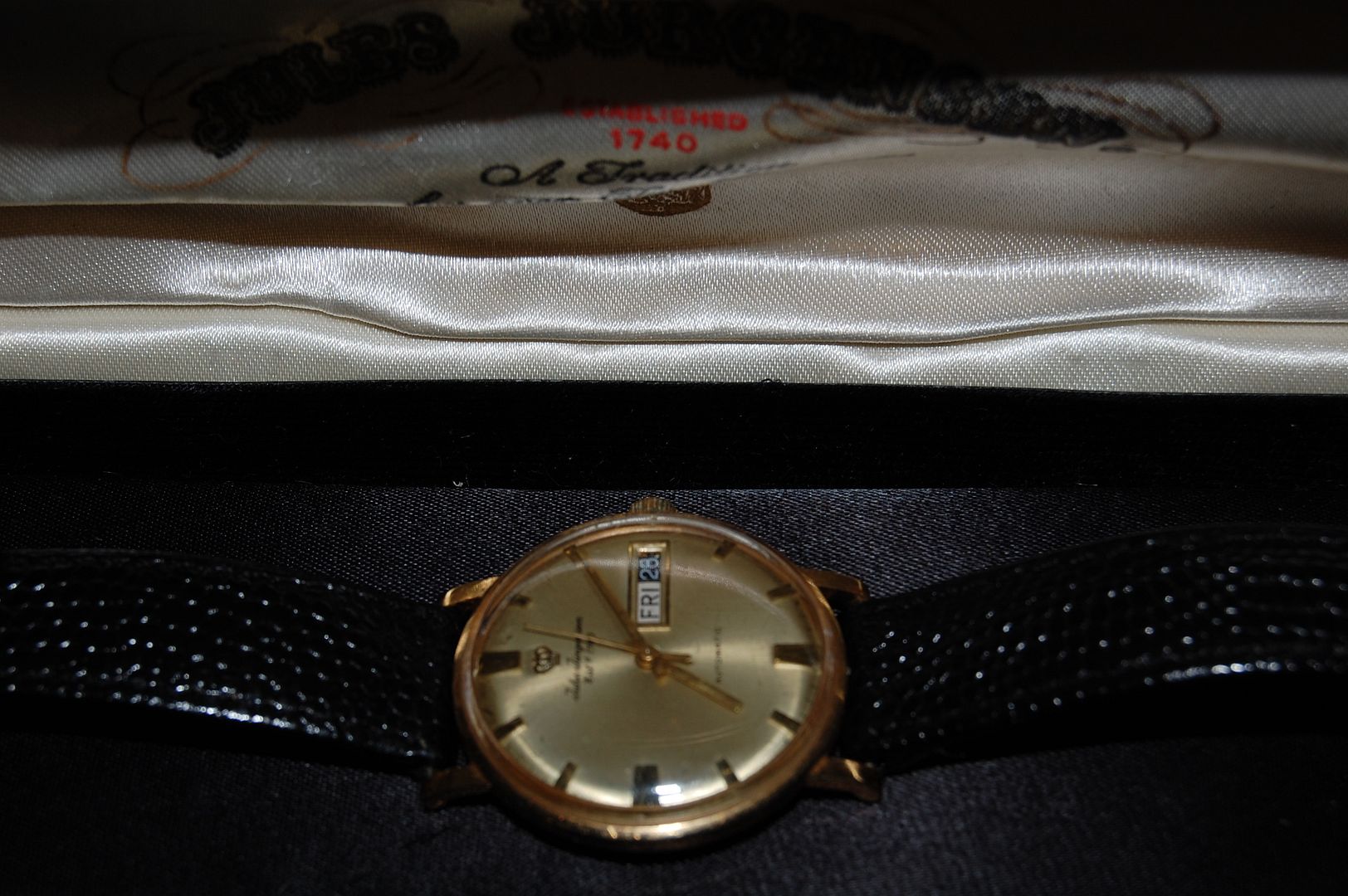 1950S ERA JULES JURGENSEN 18K GOLD MENS WATCH WITH ORIGINAL BOX 